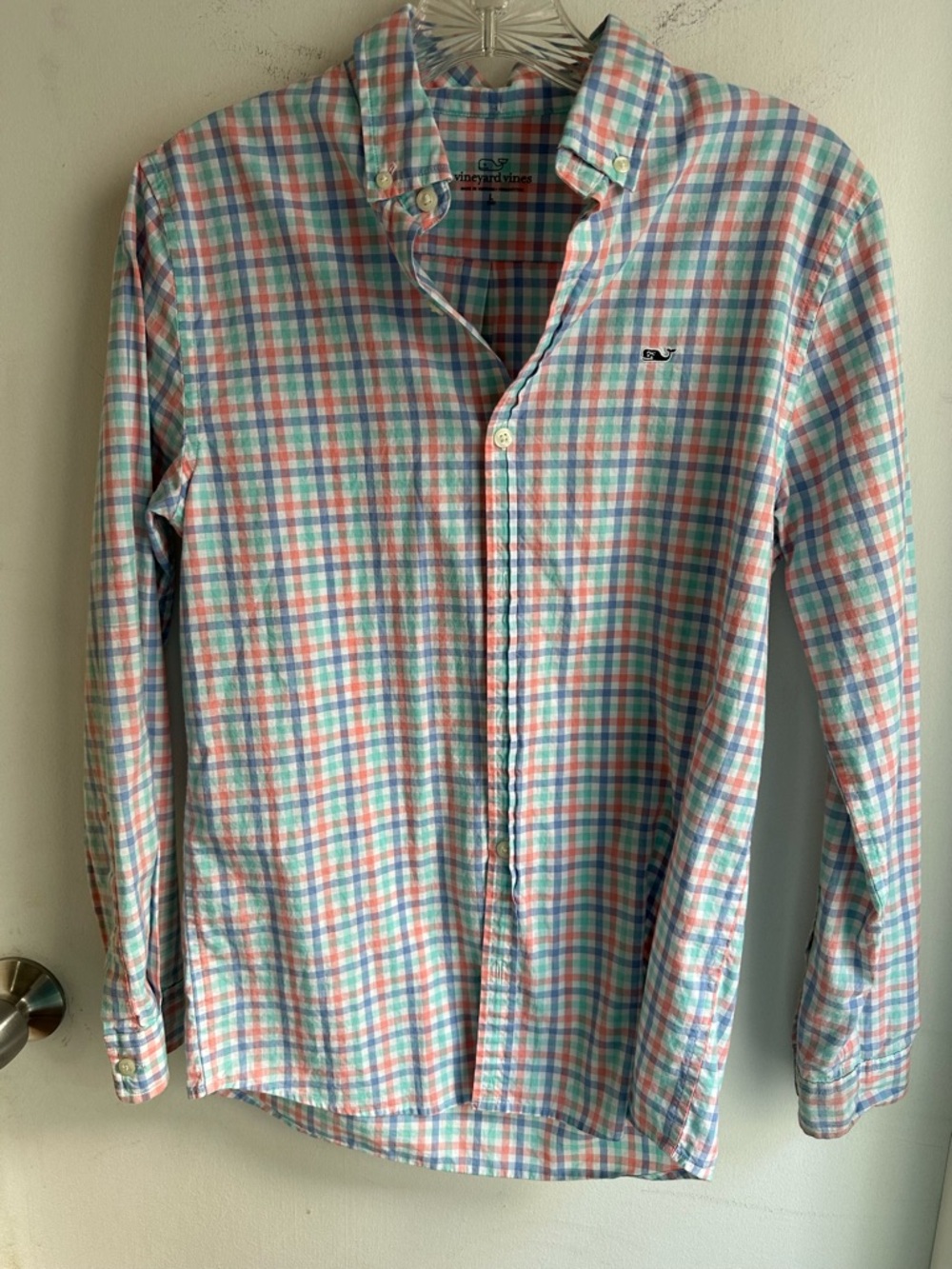 Vineyard Vines Youth Large 16 Plaid Oxford Shirt Whale Logo Long Sleeve Cotton